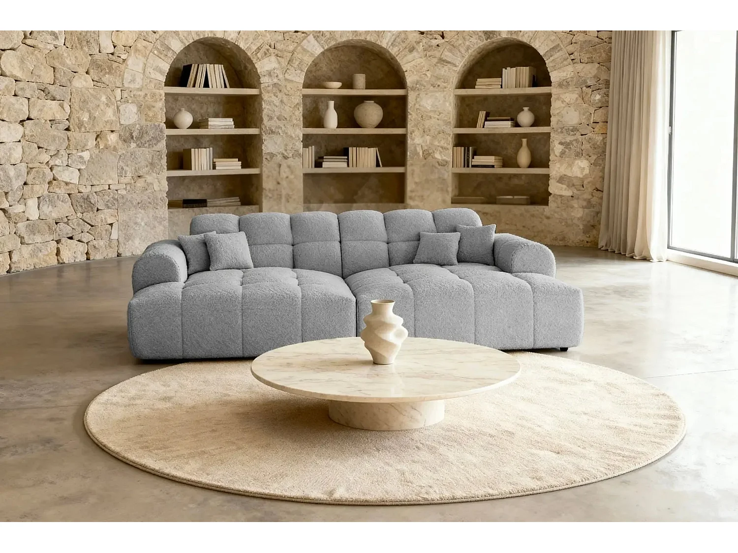 ALEXIA XL - Canapé droit tissu bouclette 4 places - Gris clair