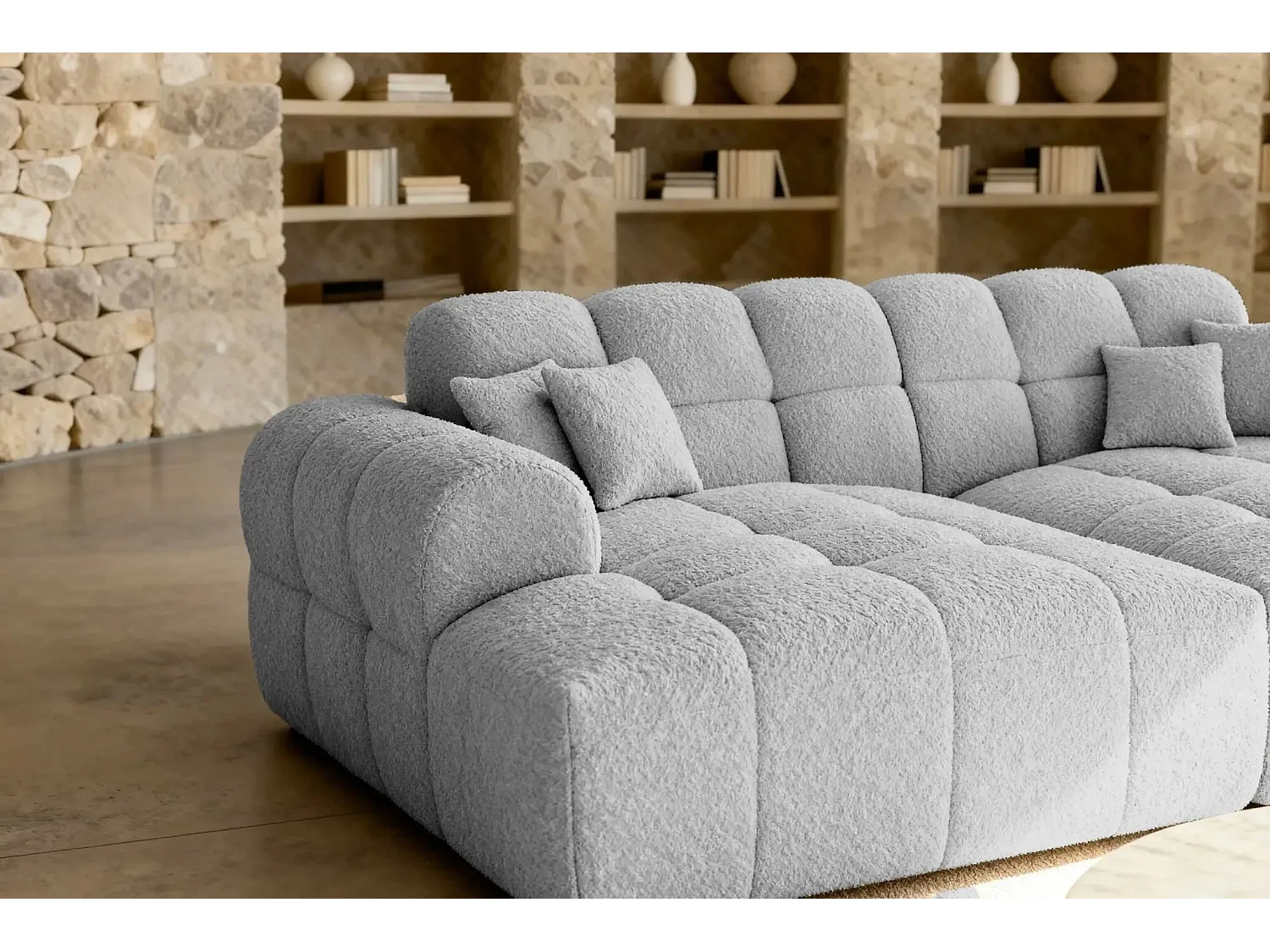 ALEXIA XL - Canapé droit tissu bouclette 4 places - Gris clair