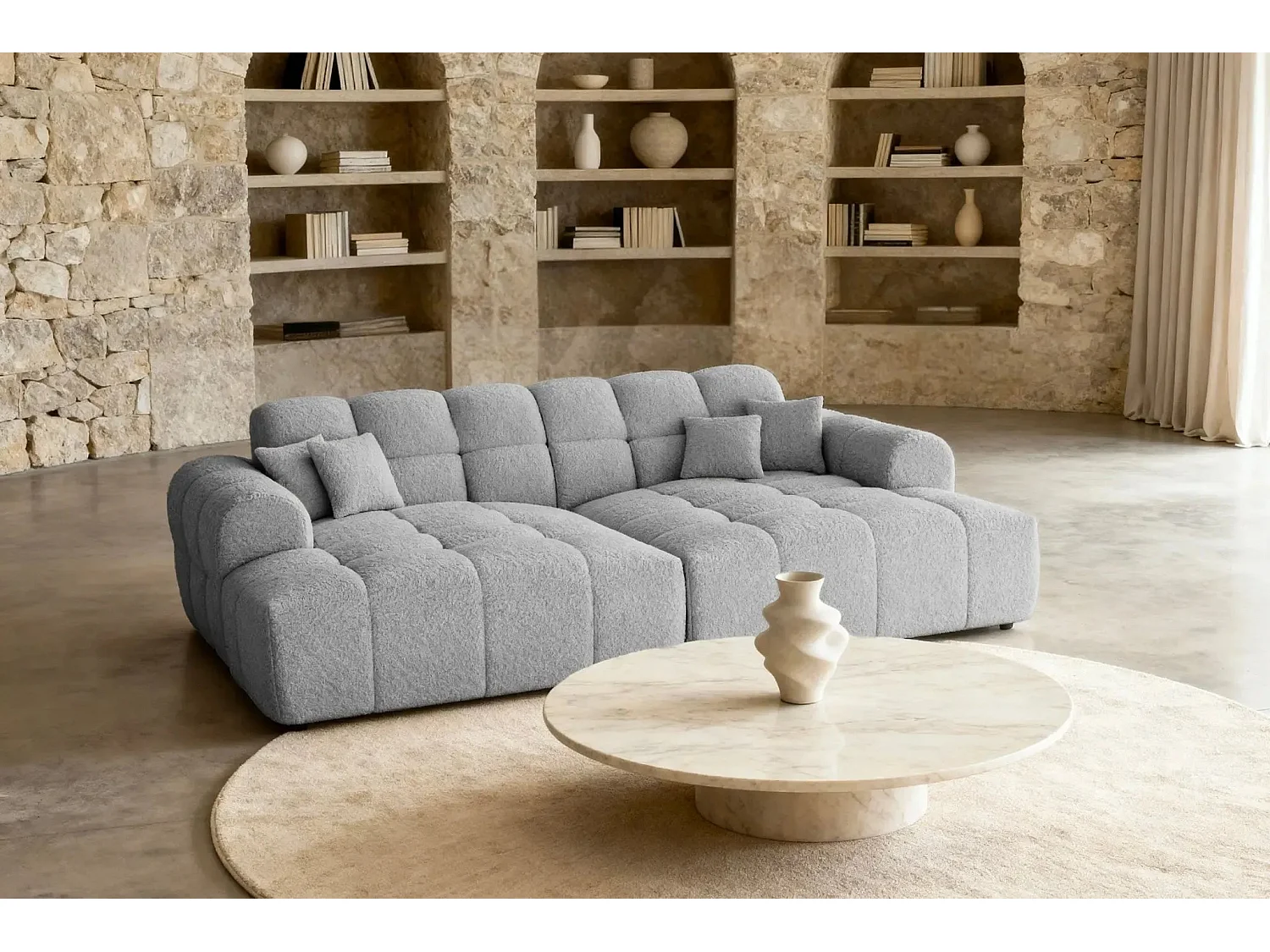 ALEXIA XL - Canapé droit tissu bouclette 4 places - Gris clair