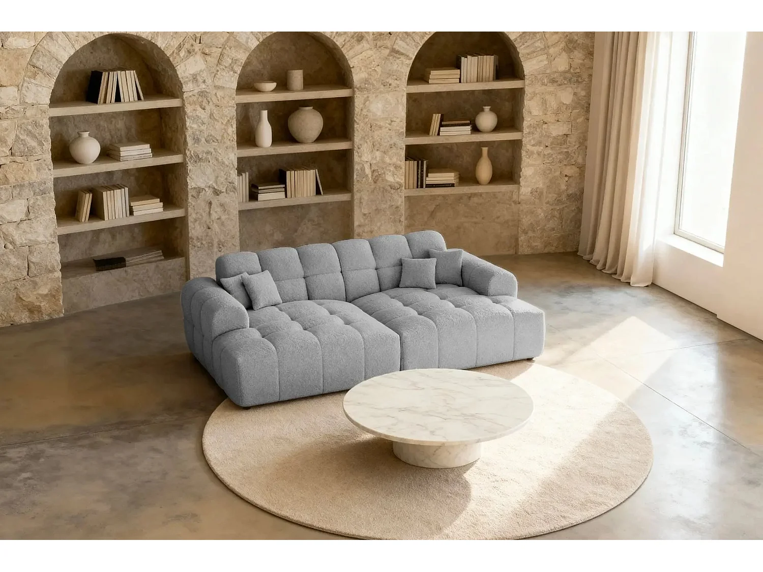 ALEXIA XL - Canapé droit tissu bouclette 4 places - Gris clair