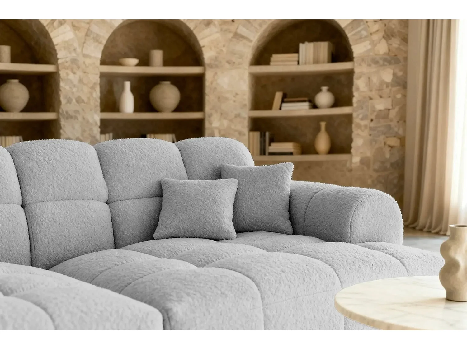 ALEXIA XL - Canapé droit tissu bouclette 4 places - Gris clair