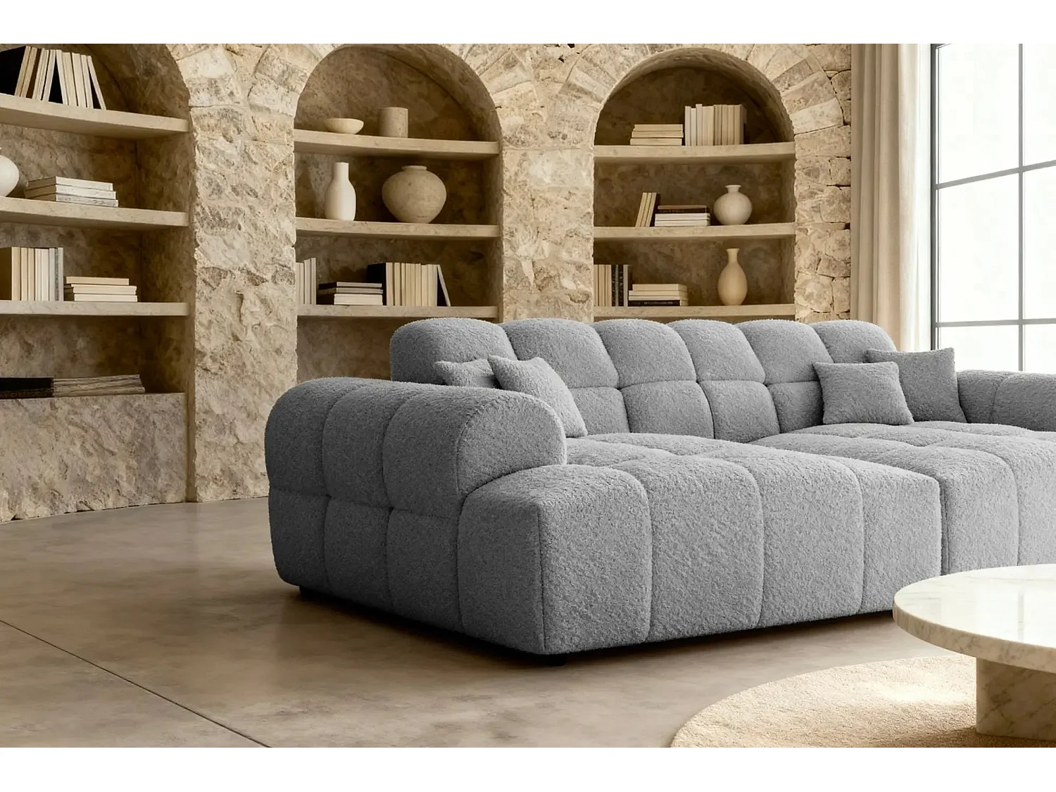 ALEXIA XL - Canapé droit tissu bouclette 4 places - Gris clair