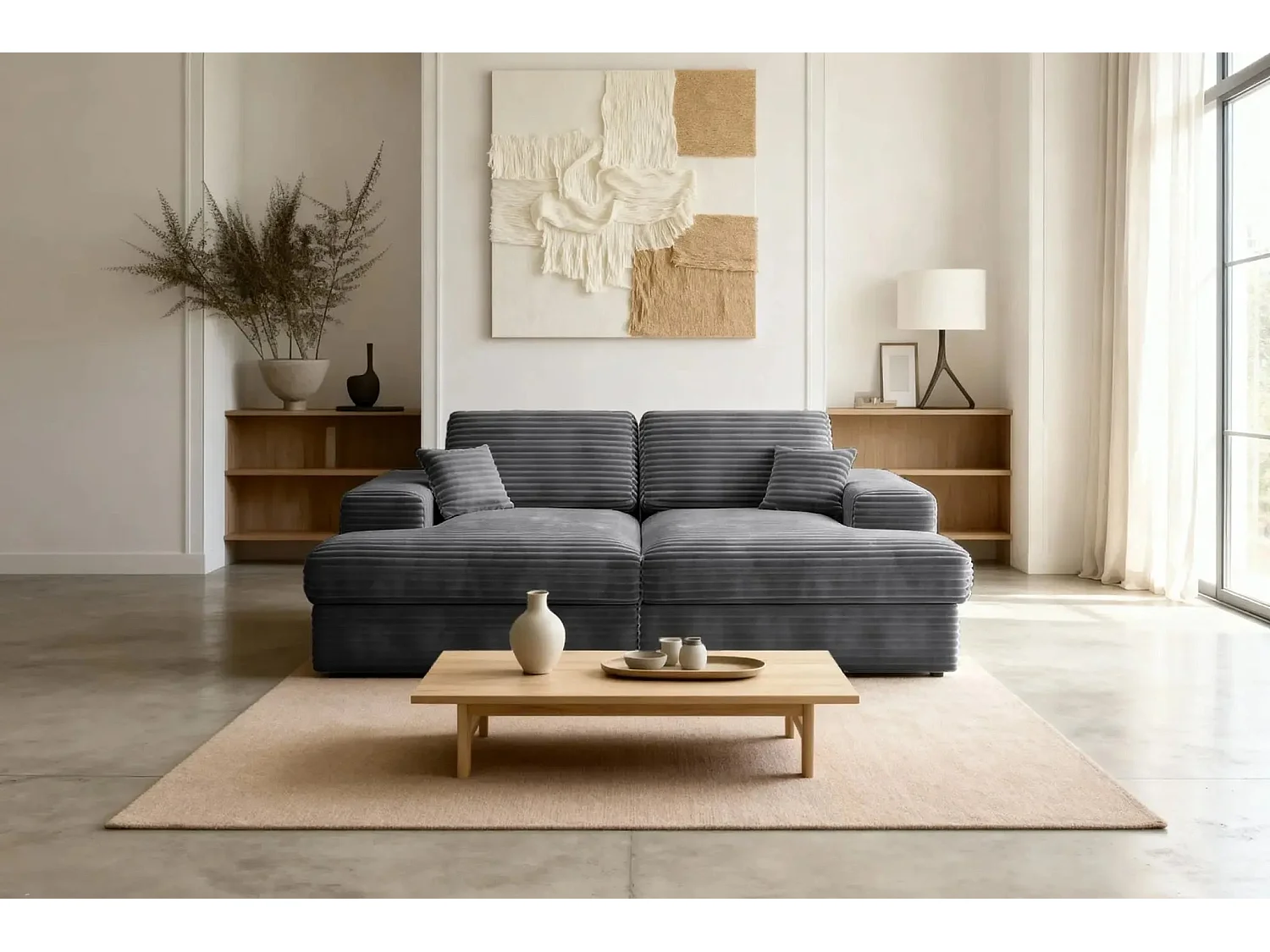LISBONNE XL - Canapé droit XL gros velours côtelé 3 places Gris anthracite