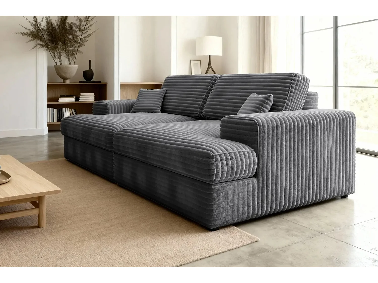LISBONNE XL - Canapé droit XL gros velours côtelé 3 places Gris anthracite