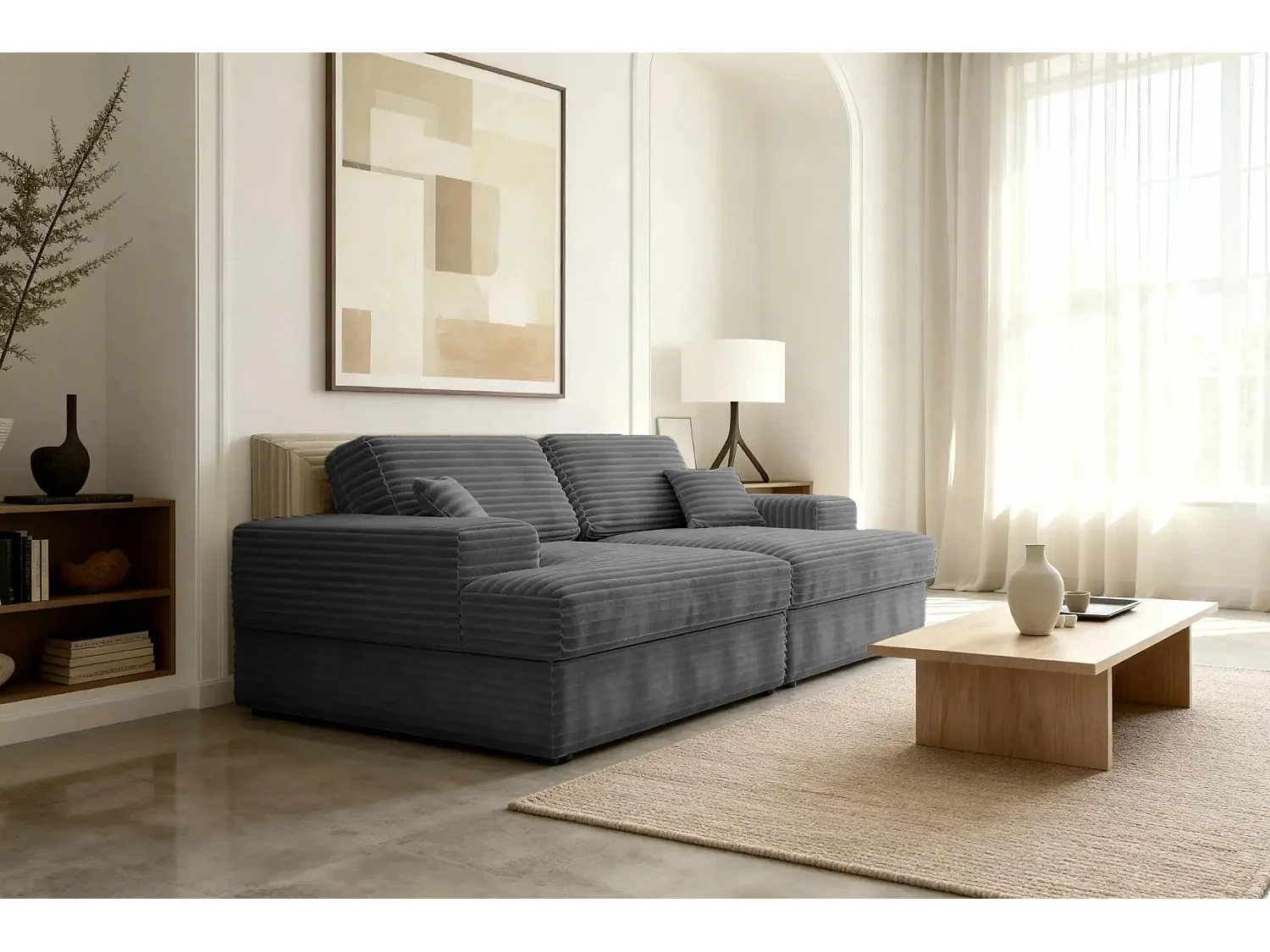 LISBONNE XL - Canapé droit XL gros velours côtelé 3 places Gris anthracite
