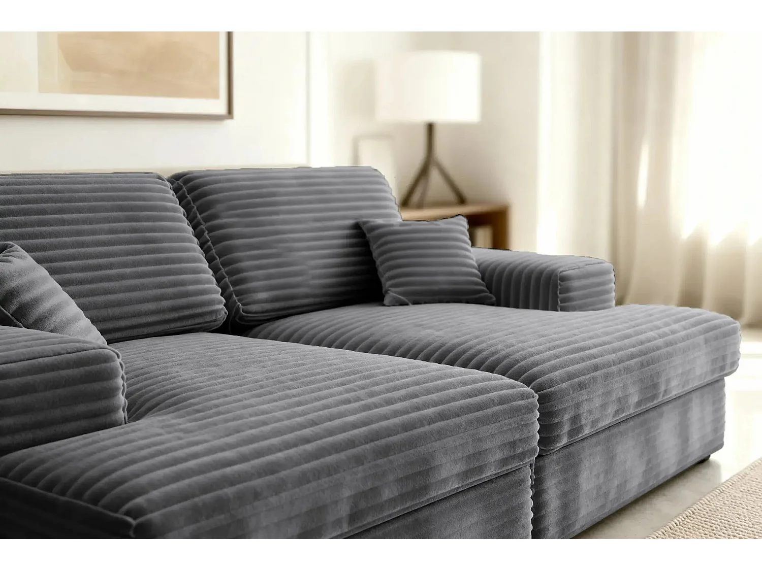 LISBONNE XL - Canapé droit XL gros velours côtelé 3 places Gris anthracite