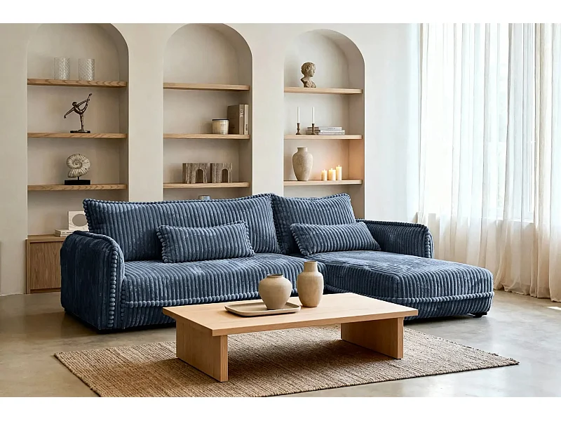 CALIE - Canapé d'angle velours côtelé 3 places - Bleu - Gauche