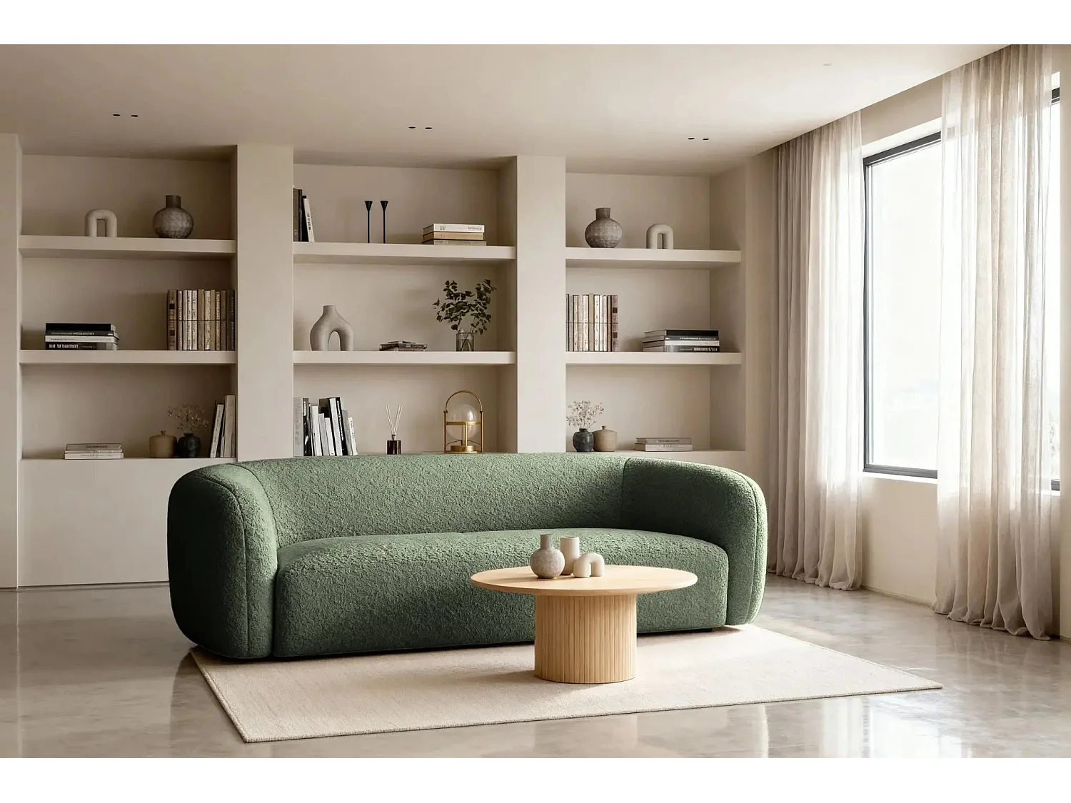 BAHIA 3 - Canapé droit en tissu bouclette 3 places - Vert