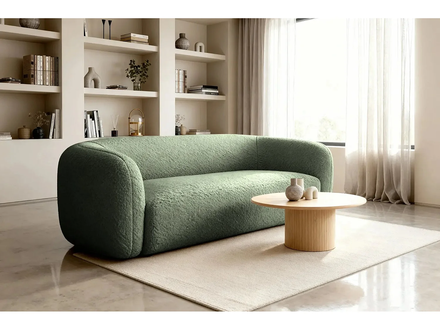 BAHIA 3 - Canapé droit en tissu bouclette 3 places - Vert