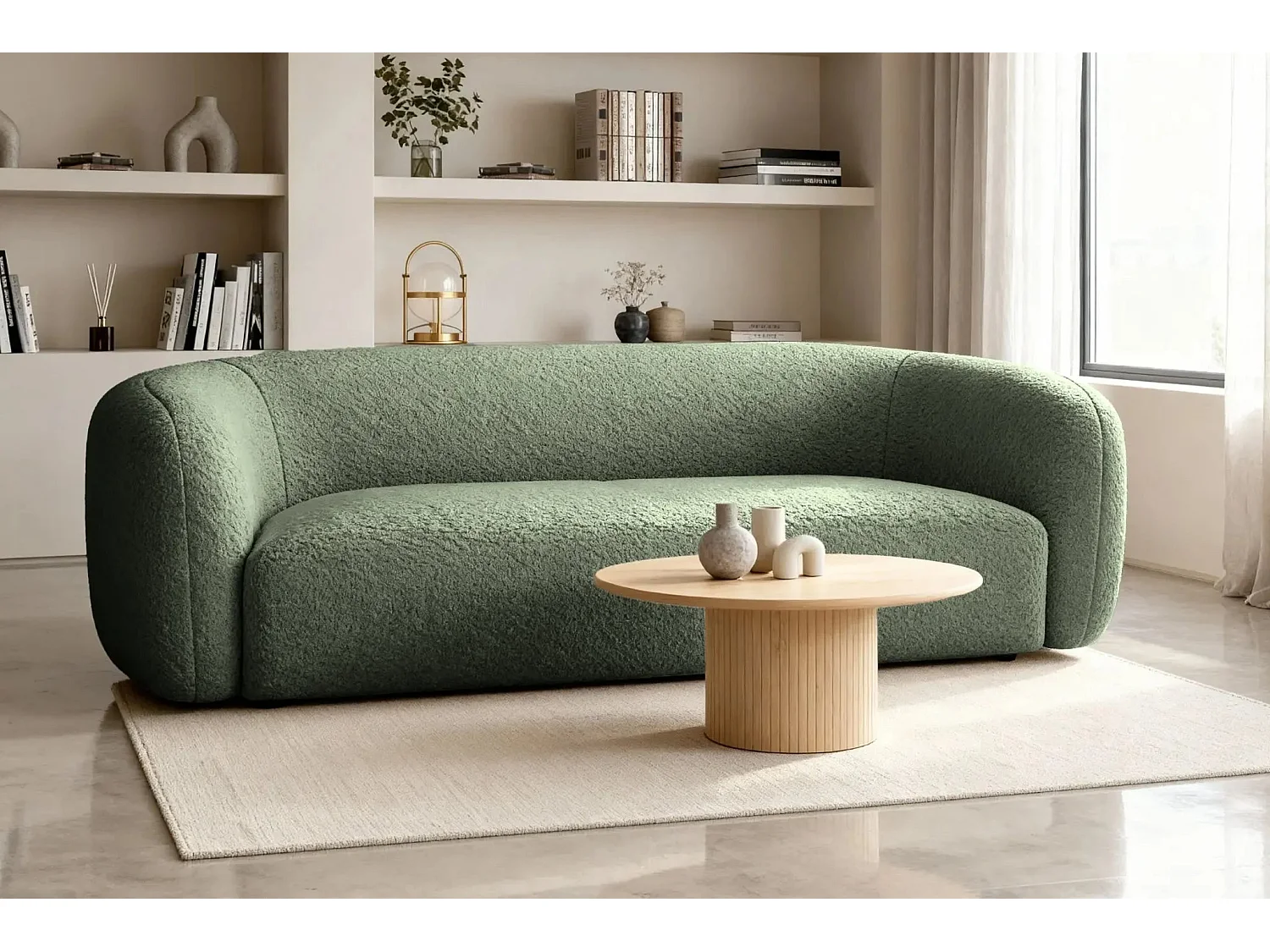 BAHIA 3 - Canapé droit en tissu bouclette 3 places - Vert