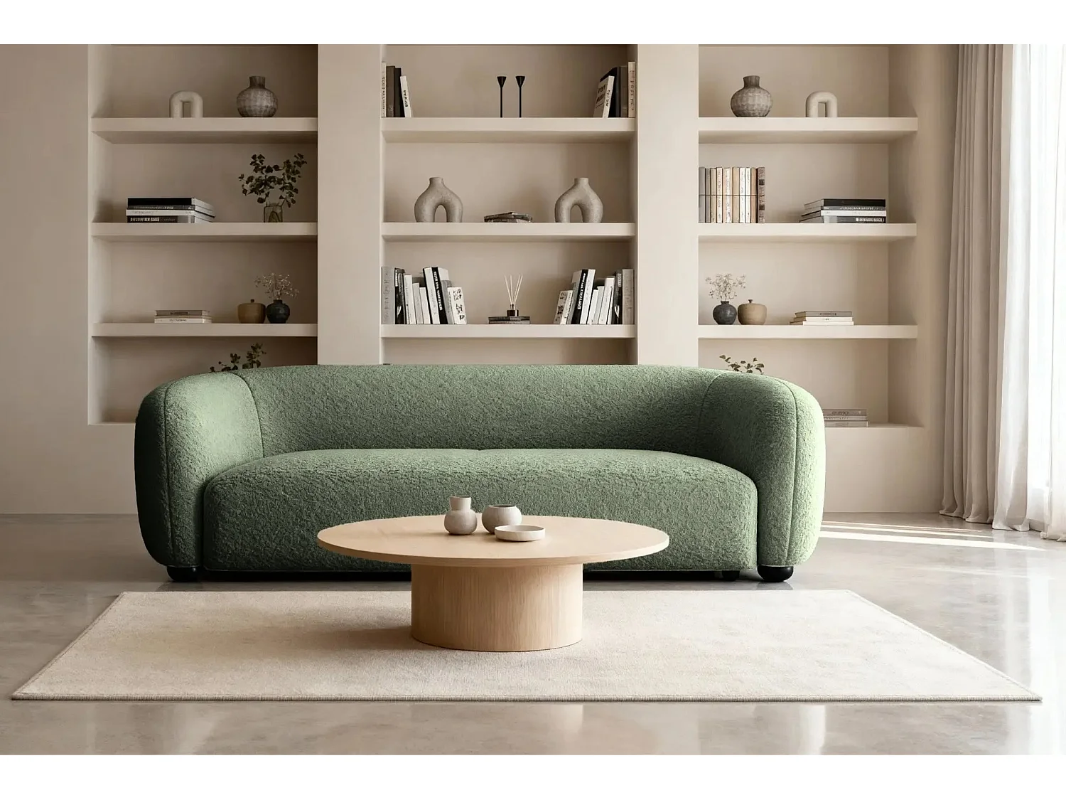 BAHIA 3 - Canapé droit en tissu bouclette 3 places - Vert