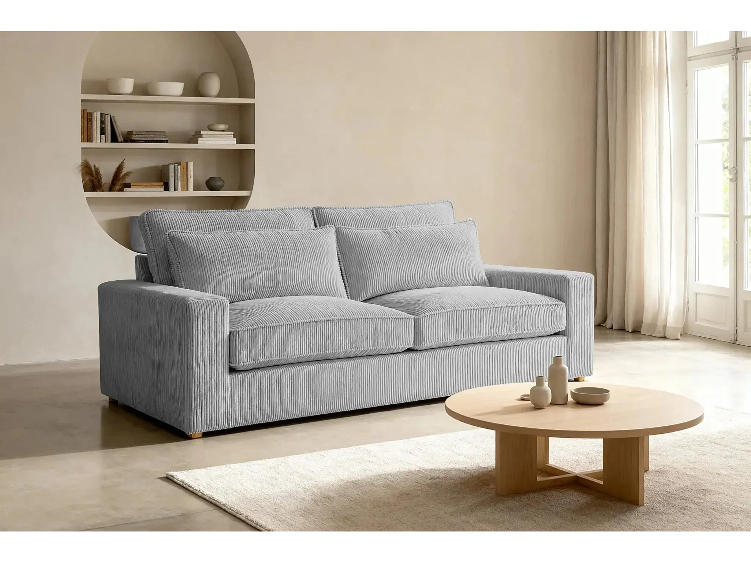 HENRY - Canapé droit velours côtelé 2 places - Gris clair