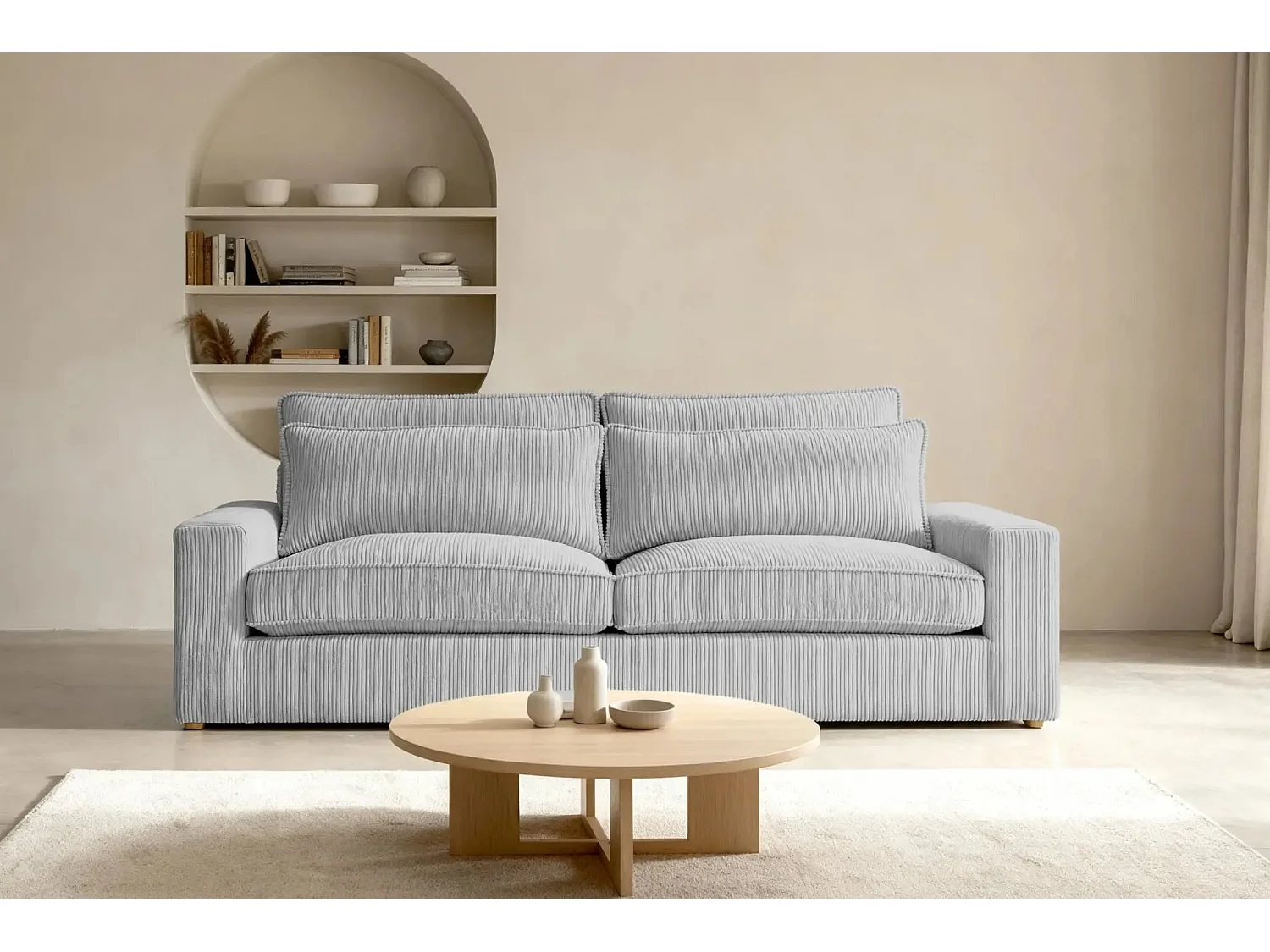 HENRY - Canapé droit velours côtelé 2 places - Gris clair