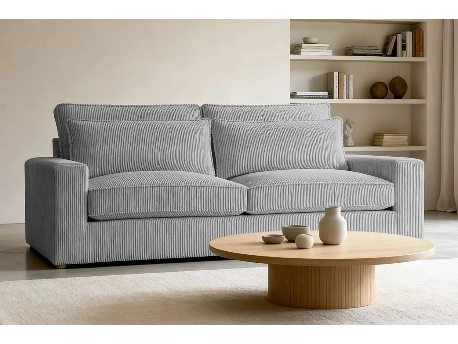 HENRY - Canapé droit velours côtelé 2 places - Gris clair