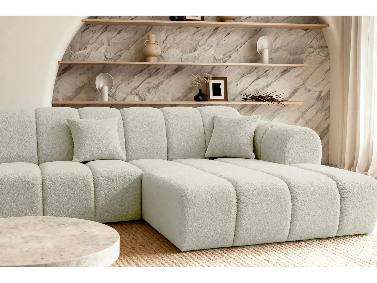 LAURA - Canapé d'angle tissu bouclette 4 places - Beige - Gauche