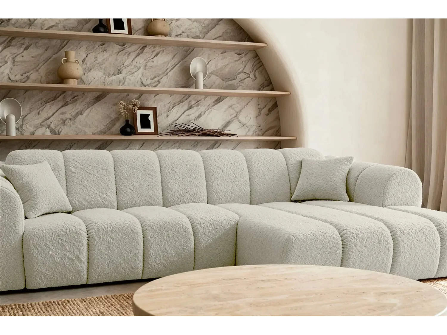 LAURA - Canapé d'angle tissu bouclette 4 places - Beige - Gauche