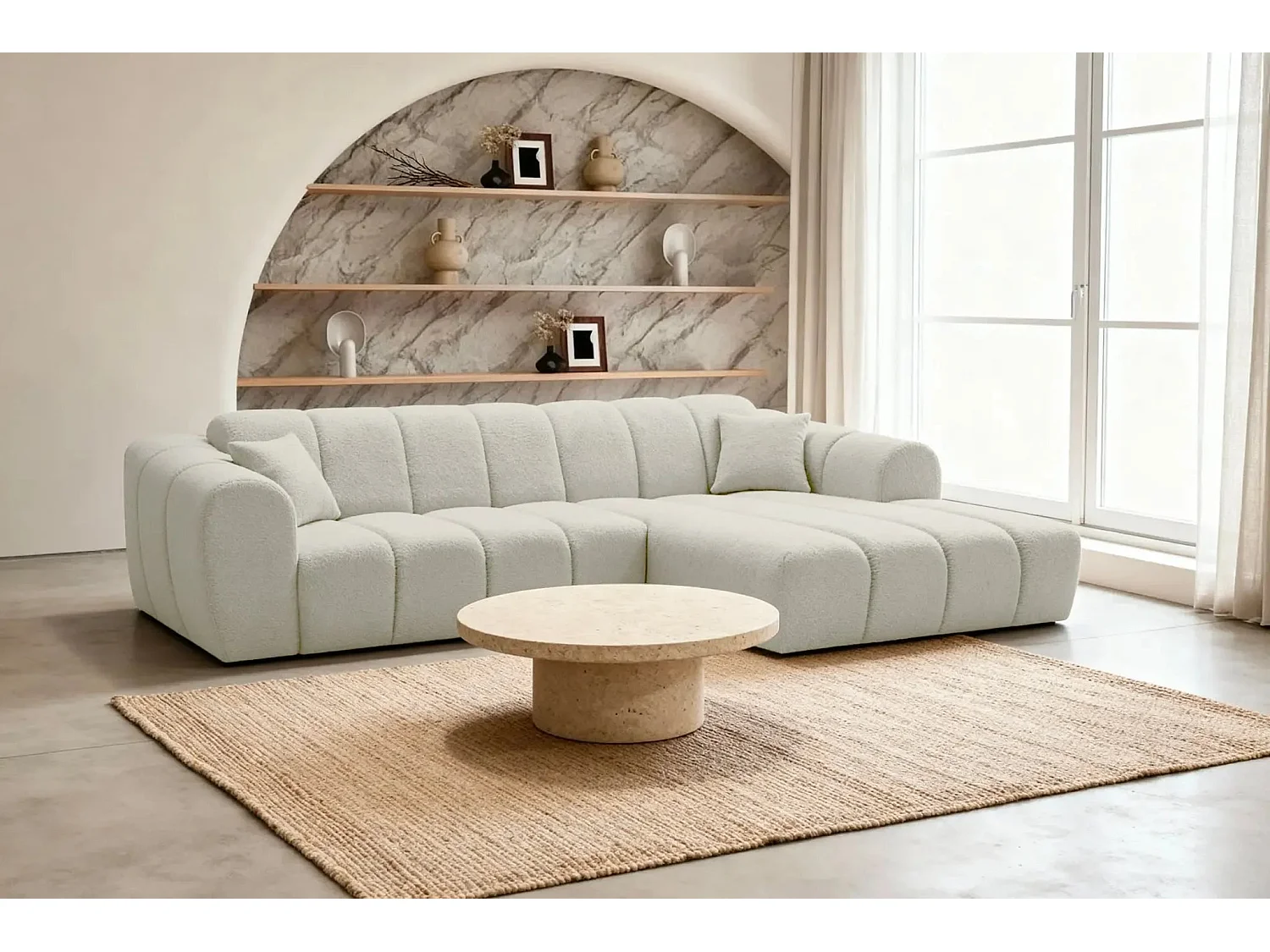 LAURA - Canapé d'angle tissu bouclette 4 places - Beige - Gauche