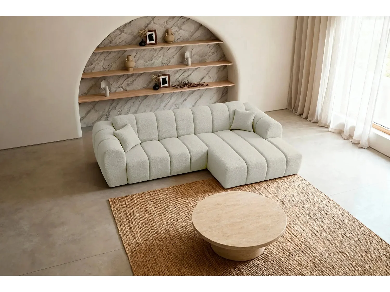 LAURA - Canapé d'angle tissu bouclette 4 places - Beige - Gauche