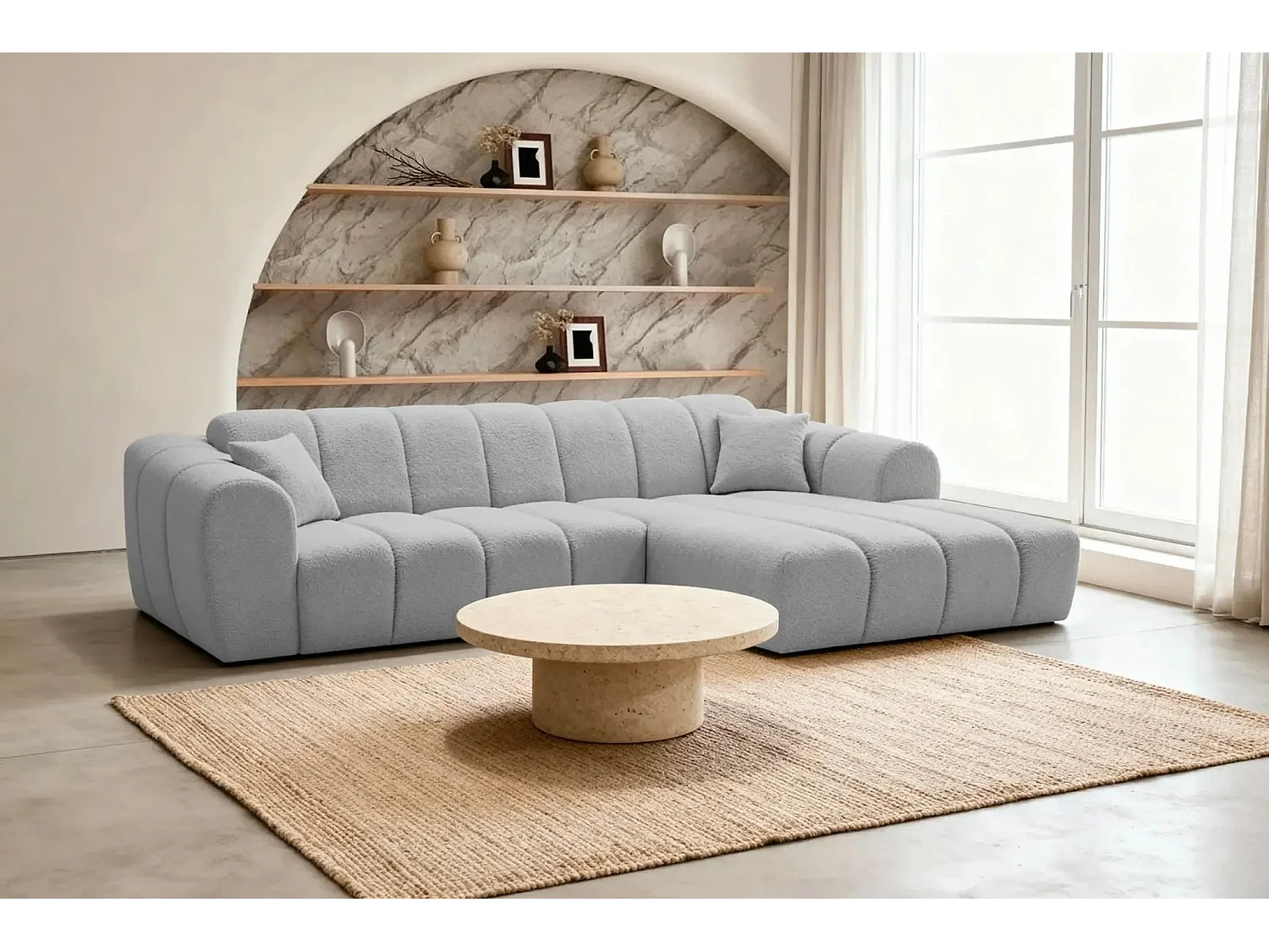 LAURA - Canapé d'angle tissu bouclette 4 places - Gris clair - Gauche