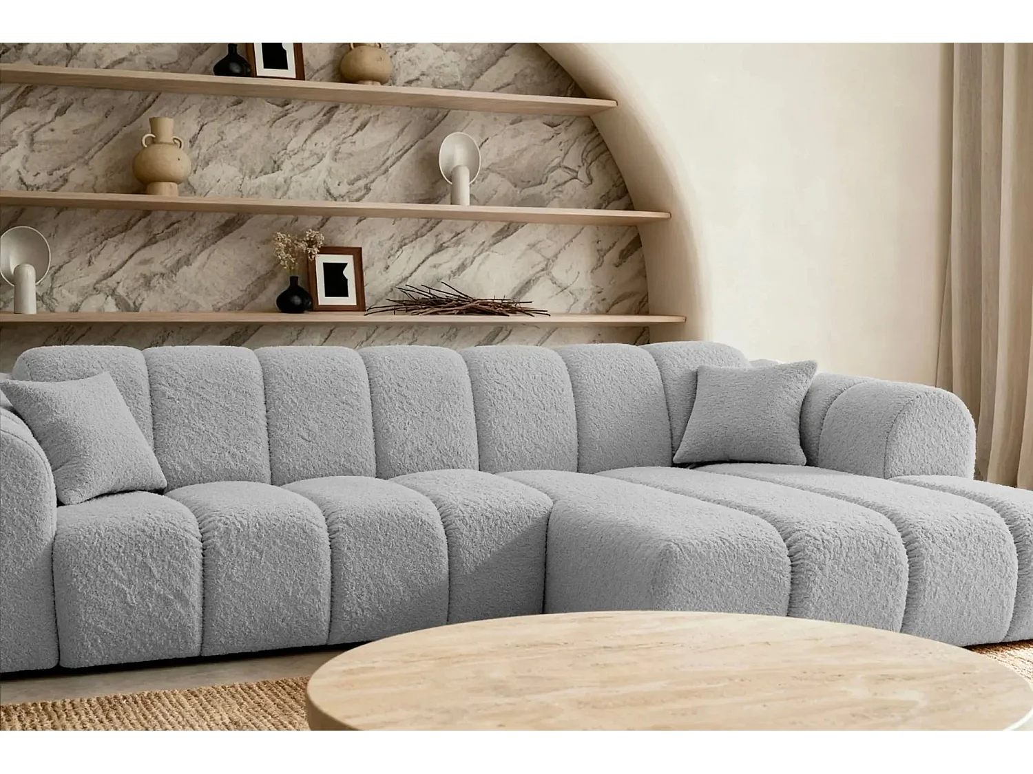 LAURA - Canapé d'angle tissu bouclette 4 places - Gris clair - Gauche
