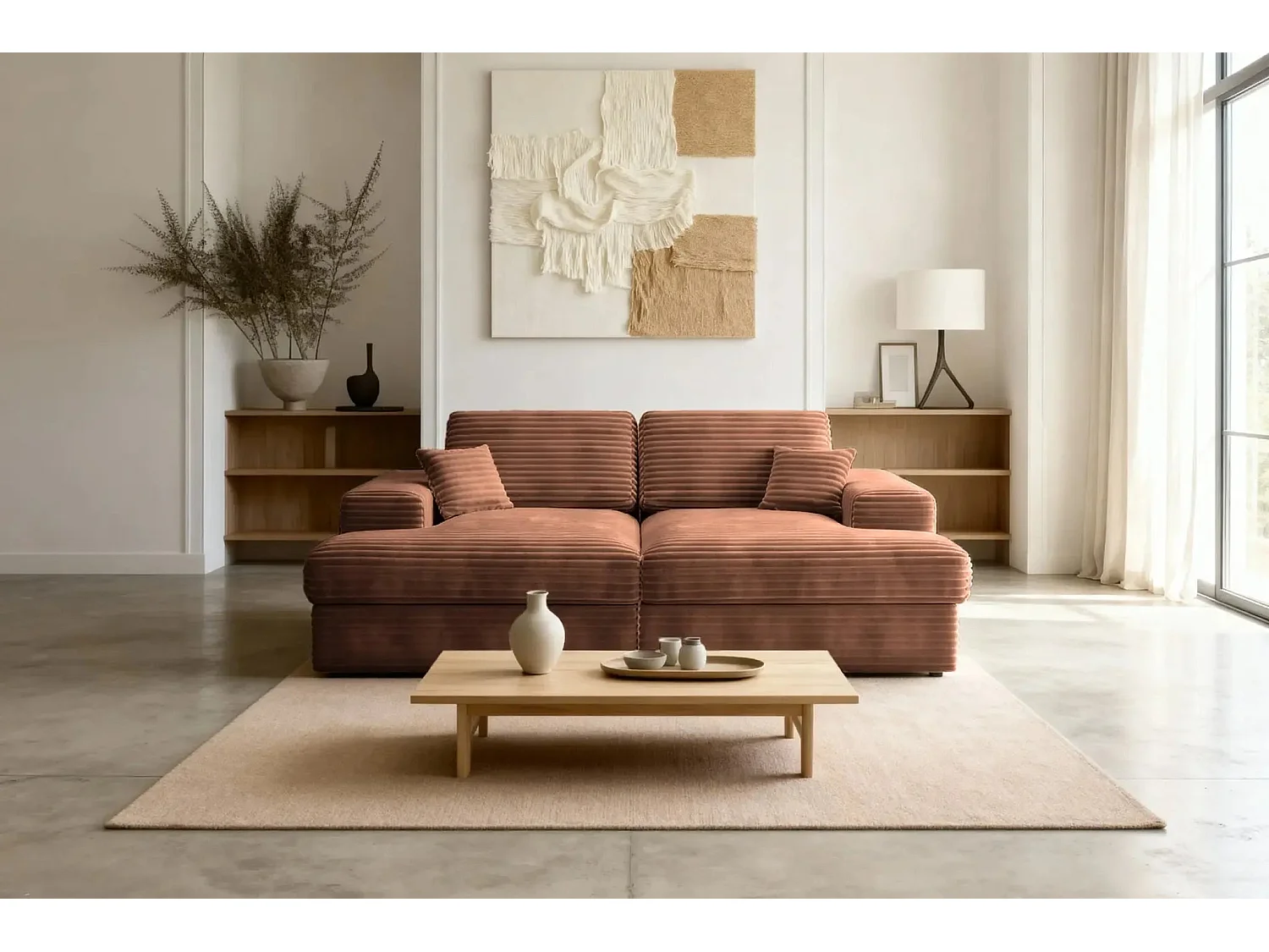 LISBONNE XL - Canapé droit XL gros velours côtelé 3 places Terracotta