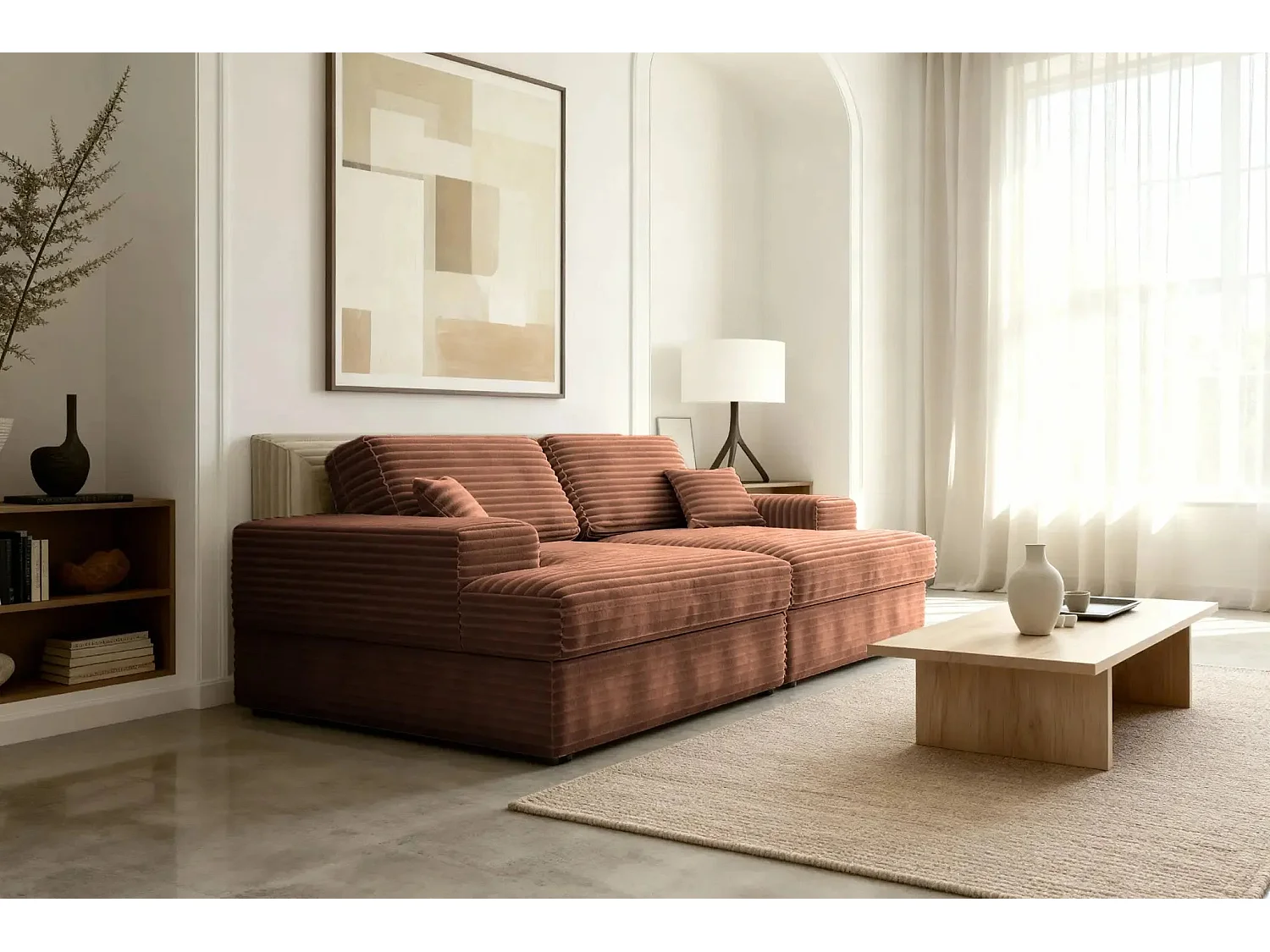 LISBONNE XL - Canapé droit XL gros velours côtelé 3 places Terracotta