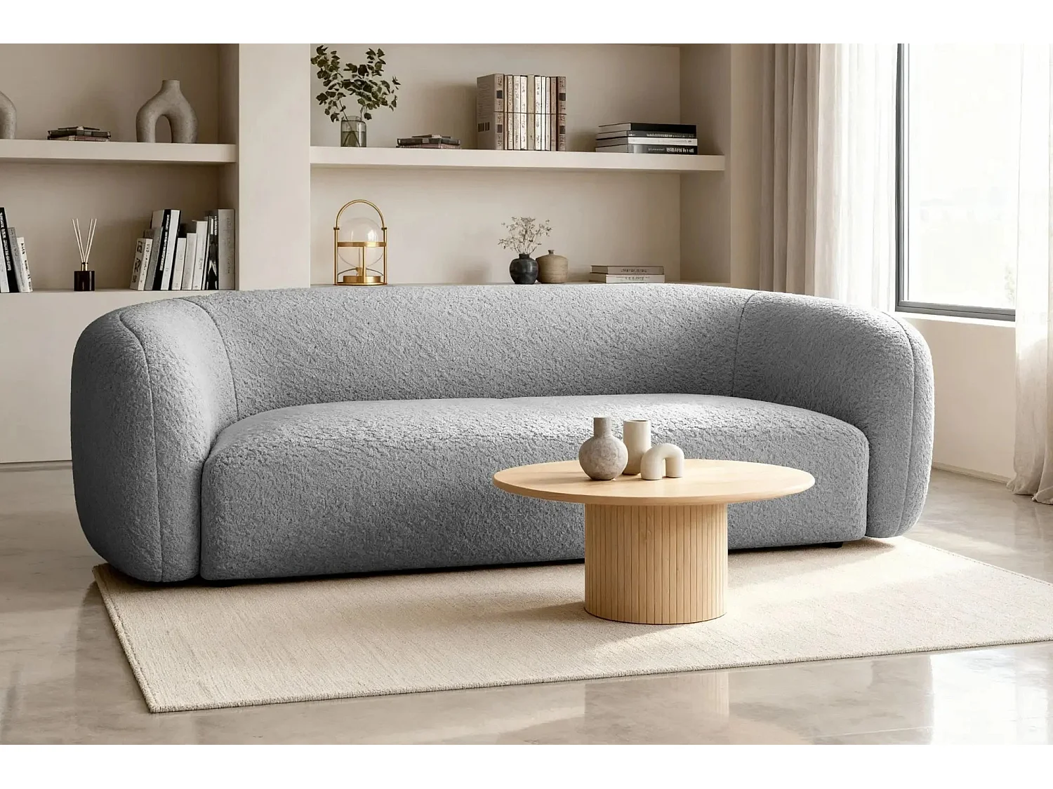 BAHIA 3 - Canapé droit en tissu bouclette 3 places - Gris clair