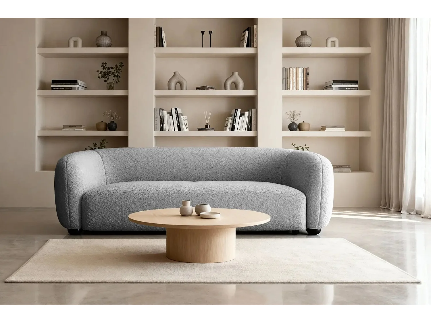 BAHIA 3 - Canapé droit en tissu bouclette 3 places - Gris clair