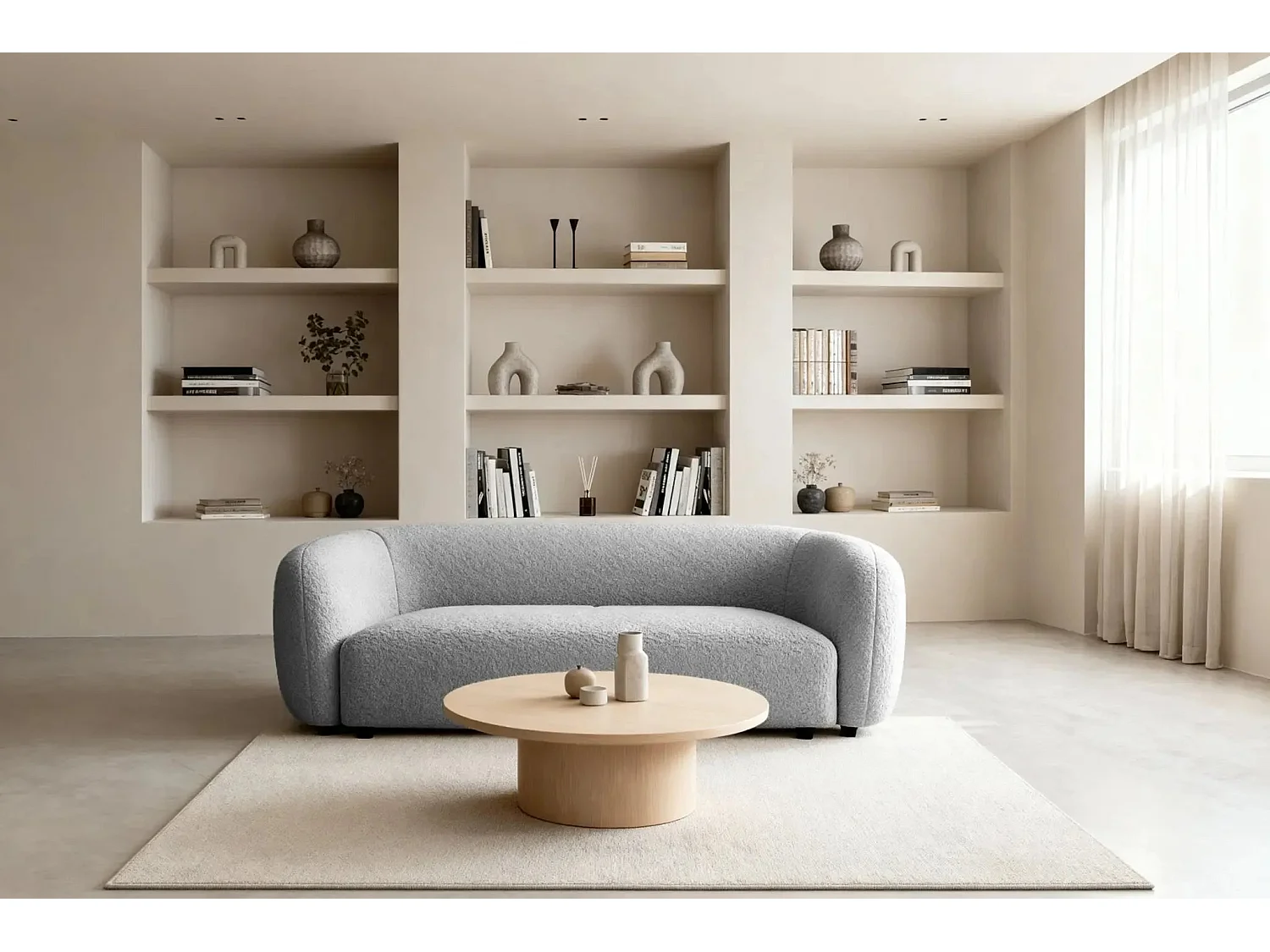 BAHIA 3 - Canapé droit en tissu bouclette 3 places - Gris clair