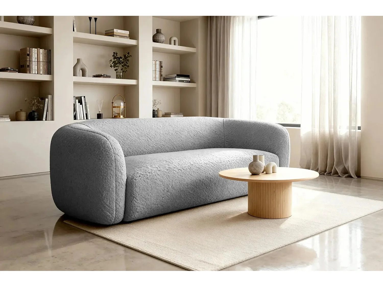 BAHIA 3 - Canapé droit en tissu bouclette 3 places - Gris clair