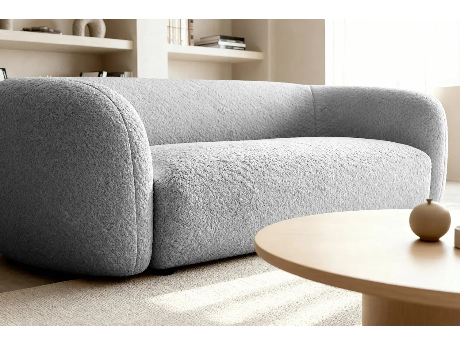 BAHIA 3 - Canapé droit en tissu bouclette 3 places - Gris clair