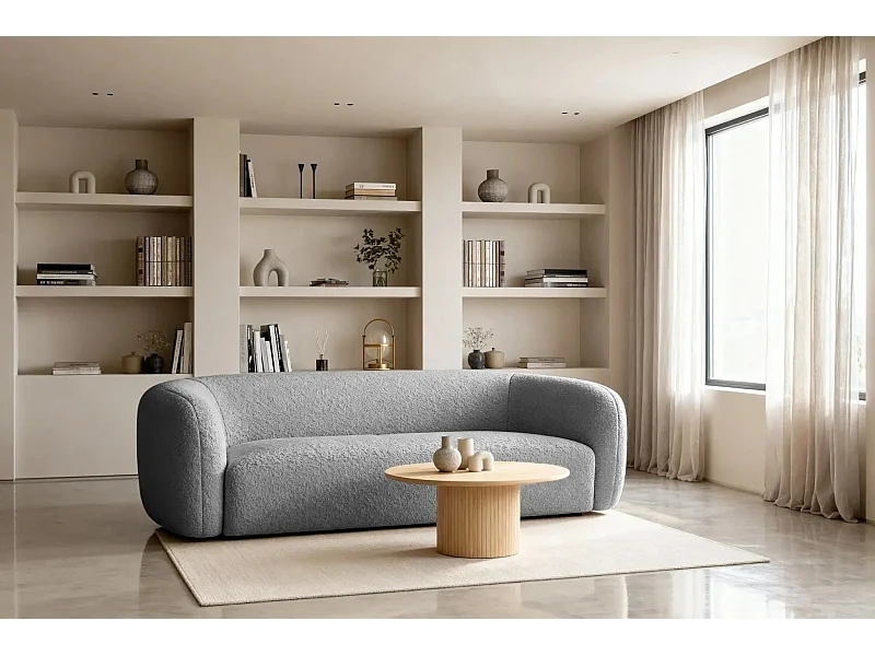 BAHIA 3 - Canapé droit en tissu bouclette 3 places - Gris clair