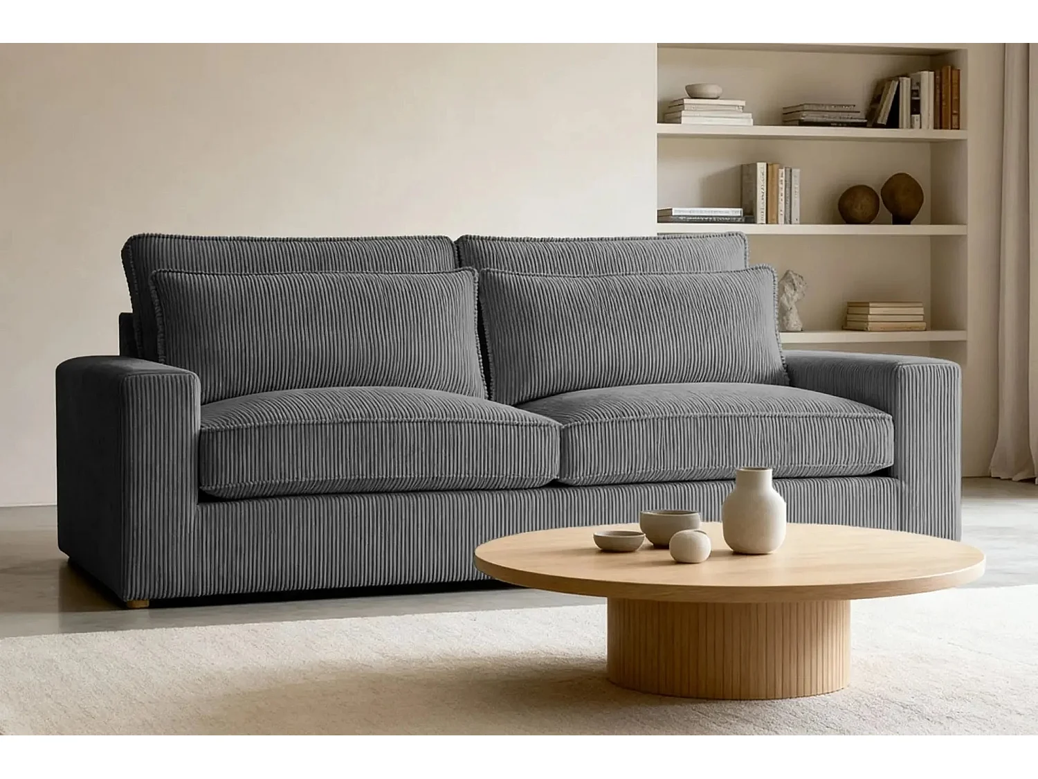 HENRY - Canapé droit velours côtelé 2 places - Gris foncé