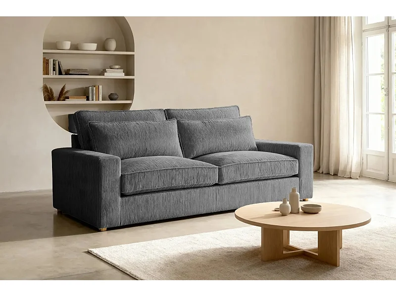 HENRY - Canapé droit velours côtelé 2 places - Gris foncé