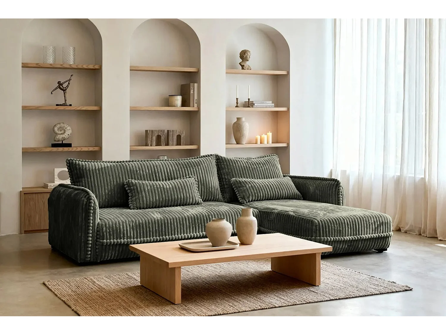 CALIE - Canapé d'angle velours côtelé 3 places - Vert - Gauche