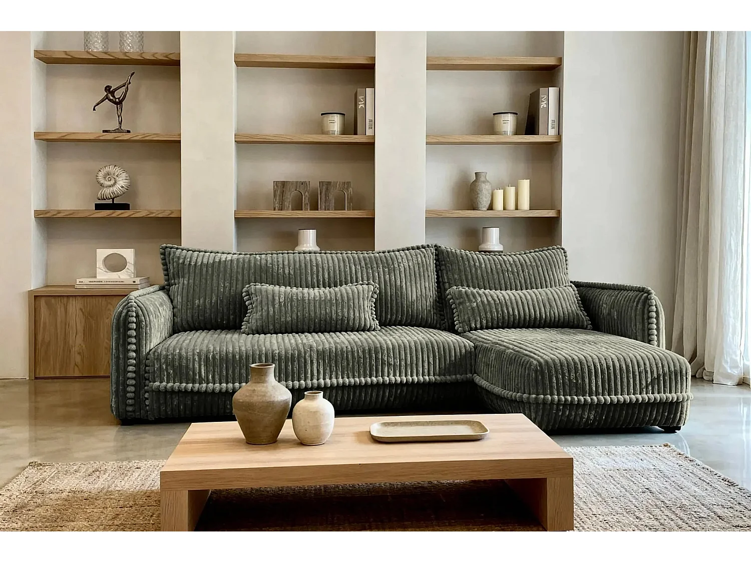 CALIE - Canapé d'angle velours côtelé 3 places - Vert - Gauche