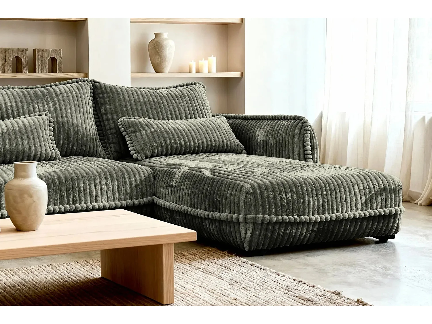 CALIE - Canapé d'angle velours côtelé 3 places - Vert - Gauche