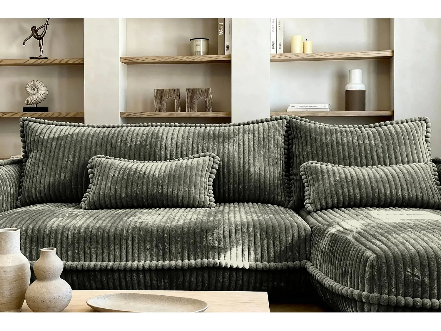 CALIE - Canapé d'angle velours côtelé 3 places - Vert - Gauche