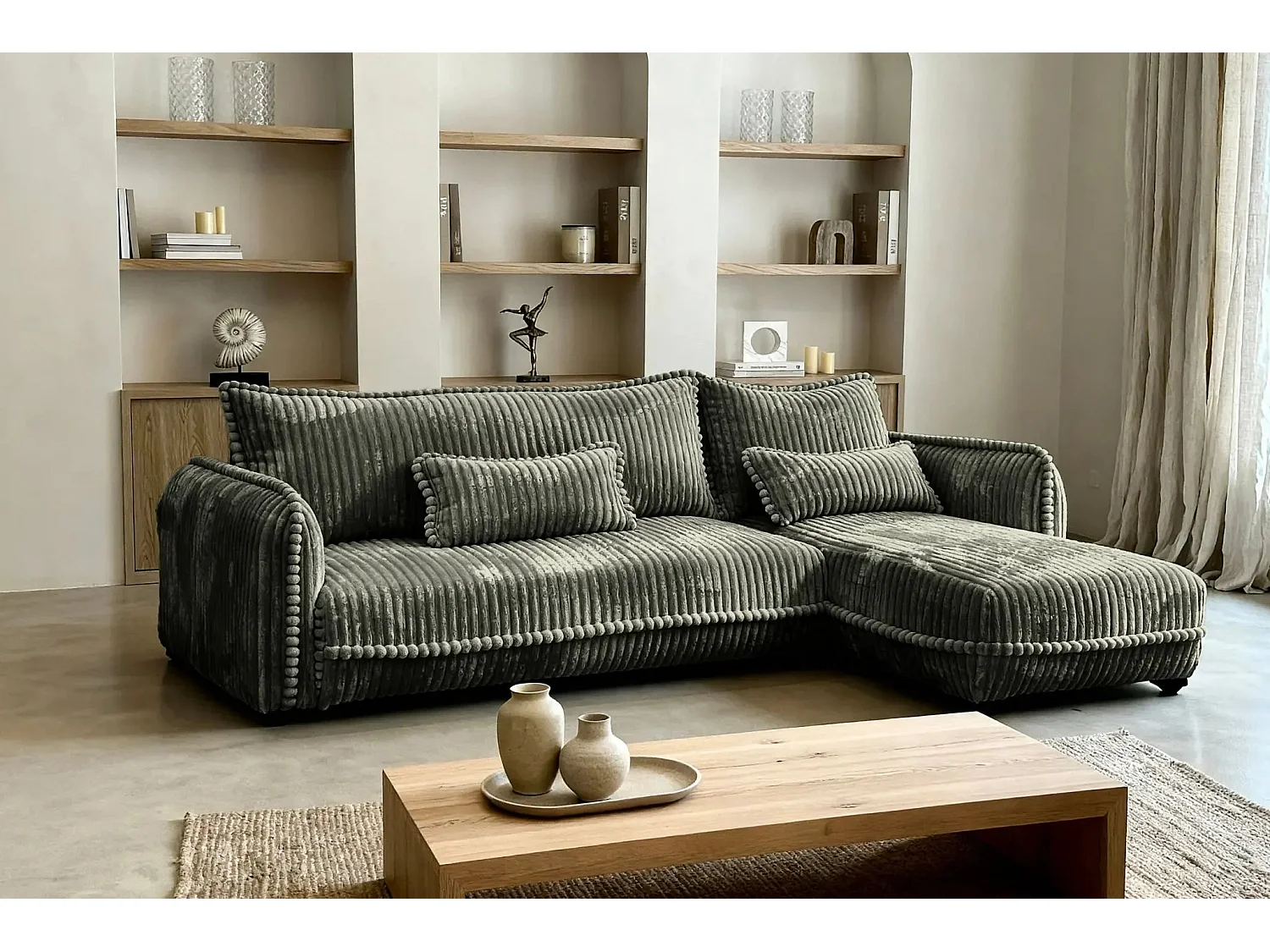 CALIE - Canapé d'angle velours côtelé 3 places - Vert - Gauche