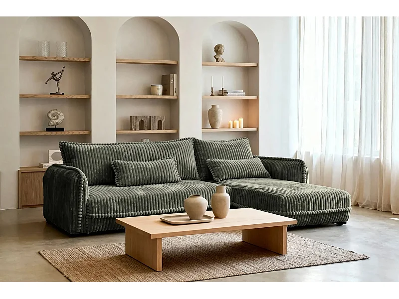 CALIE - Canapé d'angle velours côtelé 3 places - Vert - Gauche