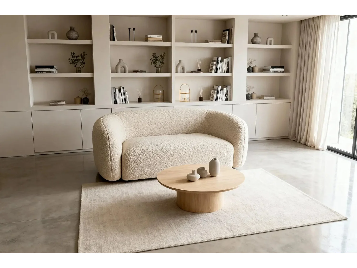 BAHIA - Canapé droit tissu bouclette 2 places - Beige