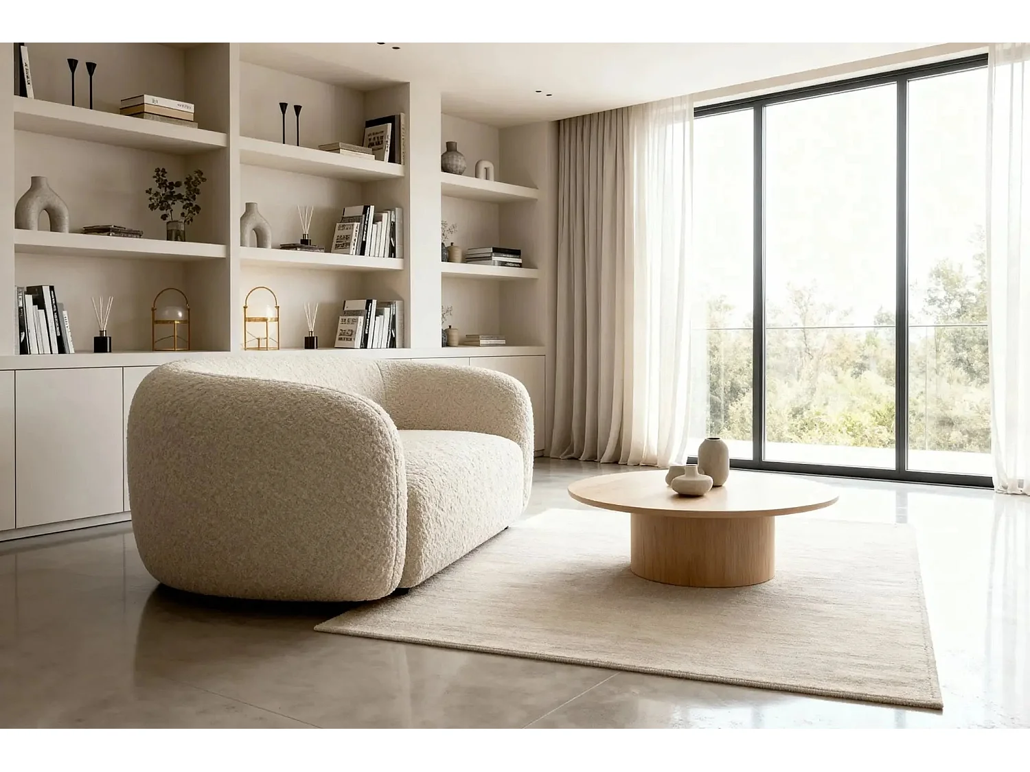 BAHIA - Canapé droit tissu bouclette 2 places - Beige