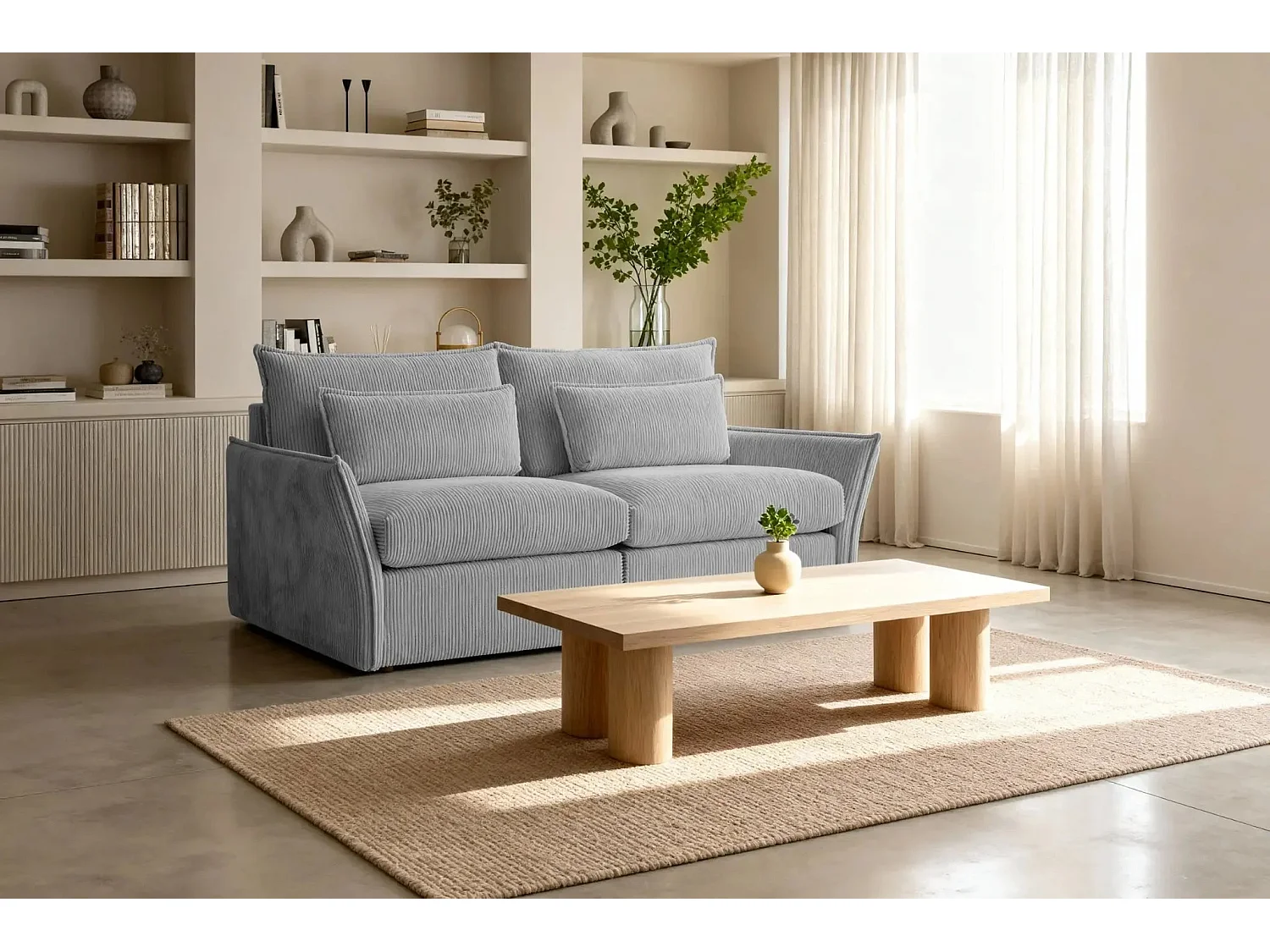 ANGELE - Canapé droit velours côtelé 2 places - Gris clair