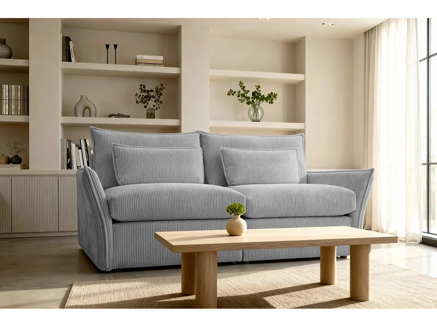ANGELE - Canapé droit velours côtelé 2 places - Gris clair