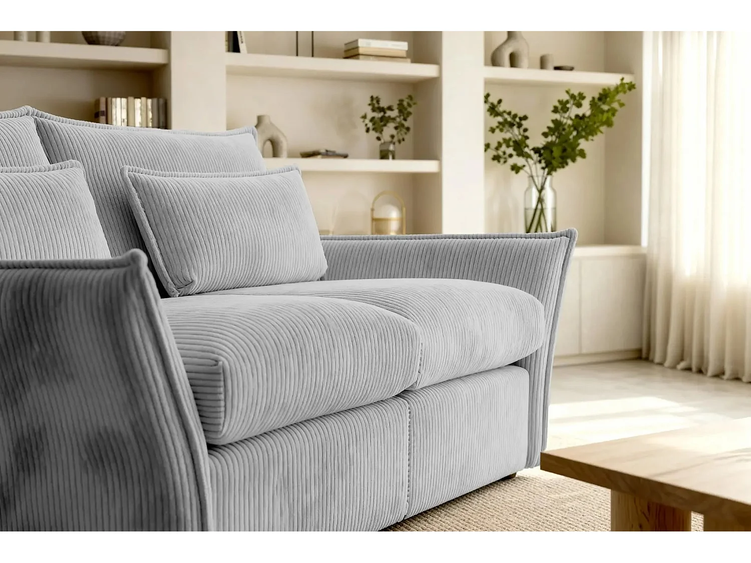 ANGELE - Canapé droit velours côtelé 2 places - Gris clair