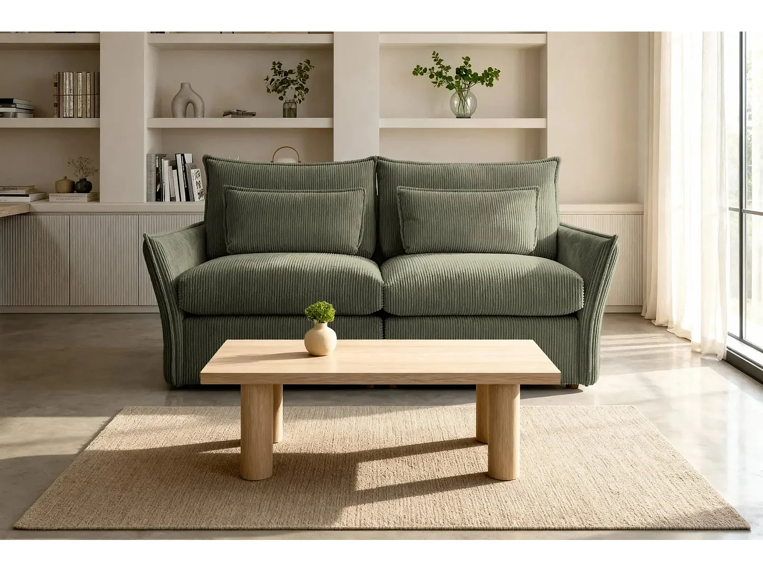 ANGELE - Canapé droit velours côtelé 2 places - Vert