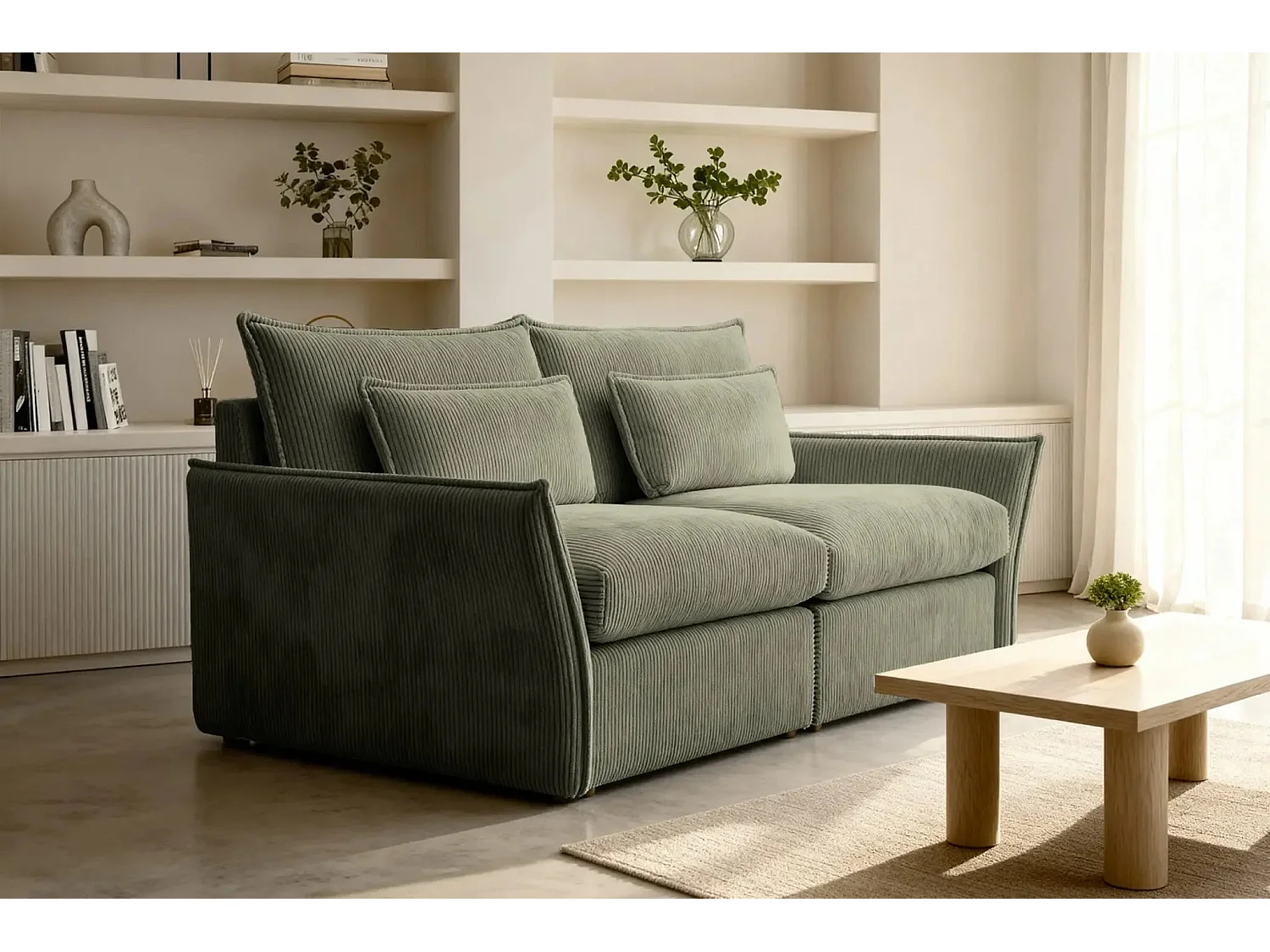 ANGELE - Canapé droit velours côtelé 2 places - Vert