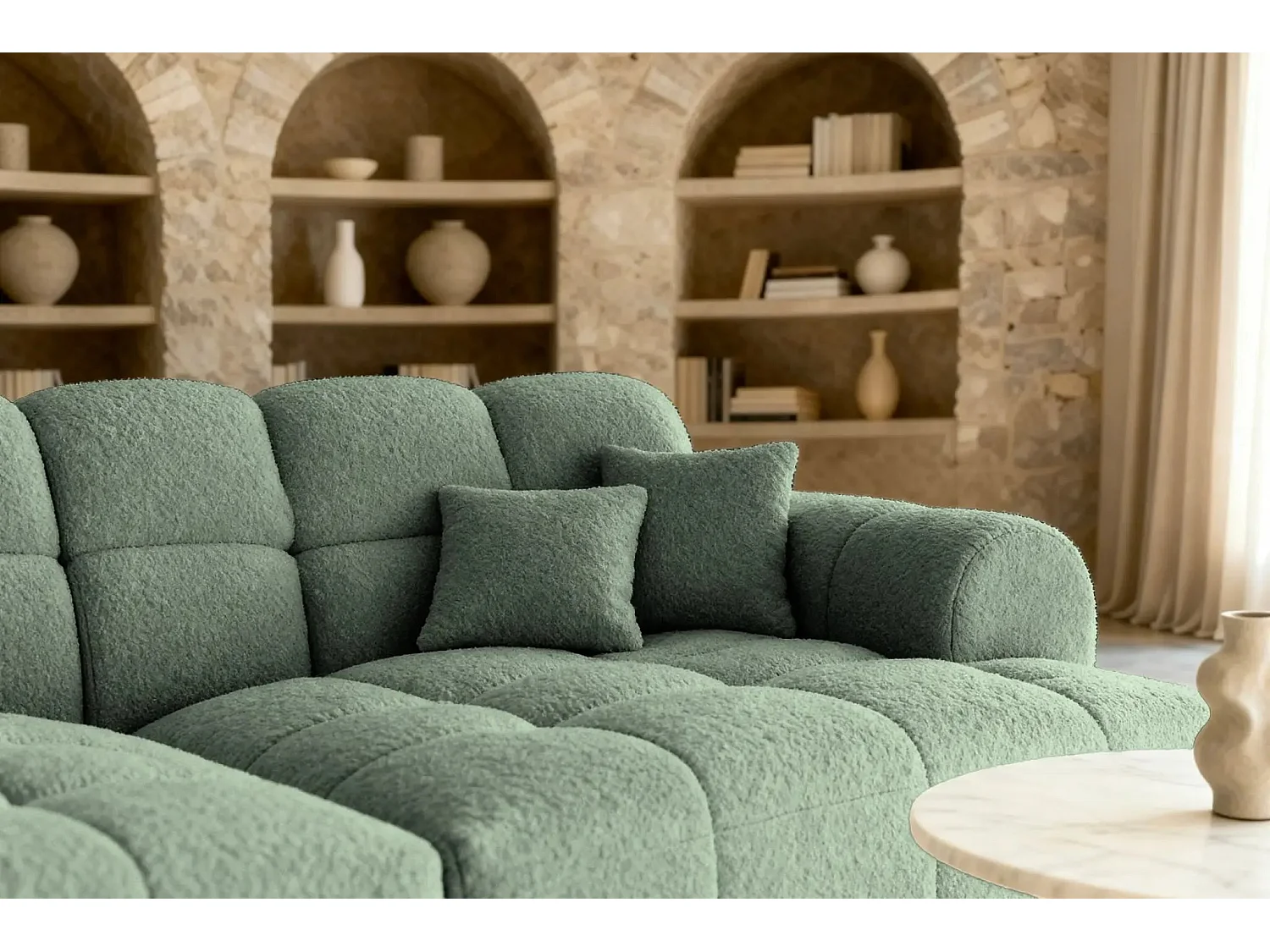 ALEXIA XL - Canapé droit tissu bouclette 4 places - Vert