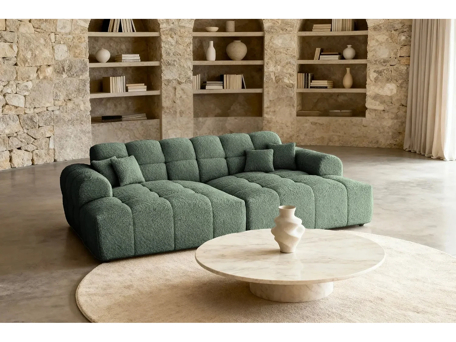 ALEXIA XL - Canapé droit tissu bouclette 4 places - Vert