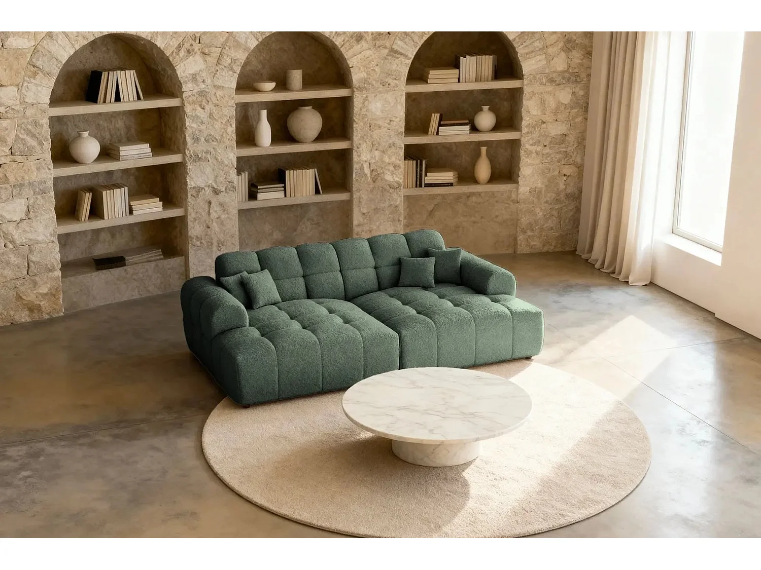 ALEXIA XL - Canapé droit tissu bouclette 4 places - Vert